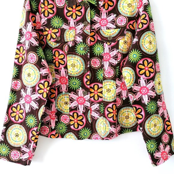 Gandy Couture Womens Brown Collared Front Pocket Floral Casual Jacket Size L - Picture 3 of 6